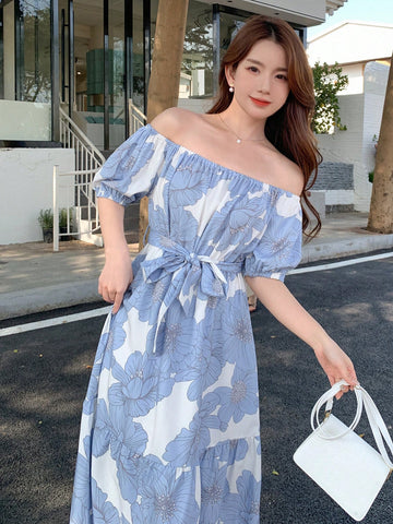 DAZY Floral Print Off-Shoulder Puff Sleeve Dress