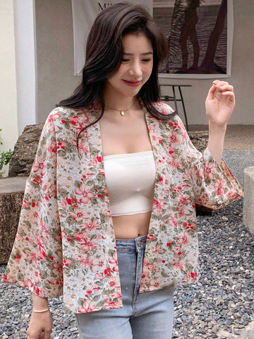 DAZY Floral Print Open Front Drop Shoulder Blouse