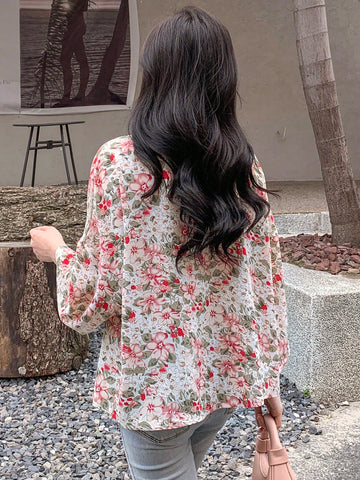 DAZY Floral Print Open Front Drop Shoulder Blouse