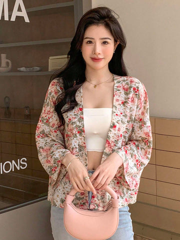 DAZY Floral Print Open Front Drop Shoulder Blouse