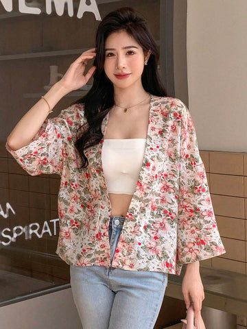 DAZY Floral Print Open Front Drop Shoulder Blouse