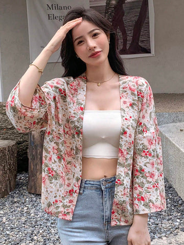 DAZY Floral Print Open Front Drop Shoulder Blouse