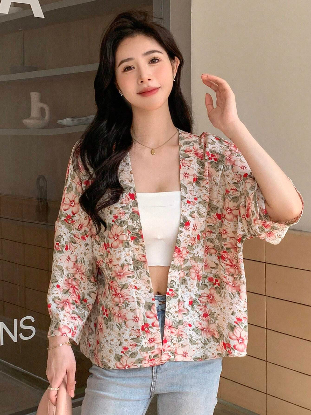 DAZY Floral Print Open Front Drop Shoulder Blouse