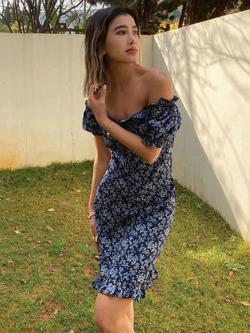 DAZY Floral Print Self-Tie Combined Dress