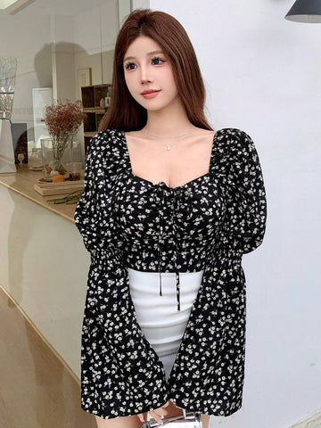 DAZY Floral Print Short Bell Sleeve Crop Top For Women With Tie And Pleats