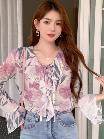 DAZY Floral Print Tie Neck Long Sleeve Women Shirt With Ruffle Collar