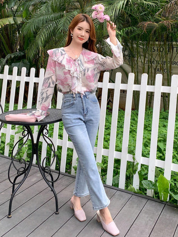 DAZY Floral Print Tie Neck Long Sleeve Women Shirt With Ruffle Collar