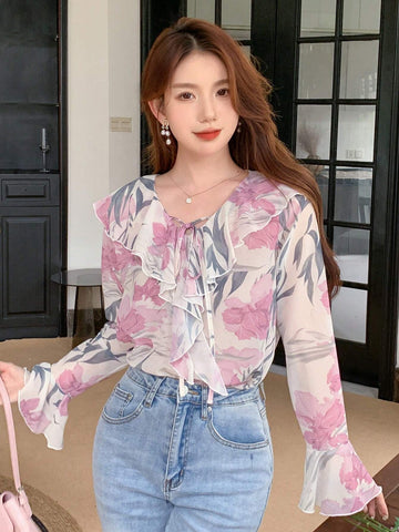DAZY Floral Print Tie Neck Long Sleeve Women Shirt With Ruffle Collar