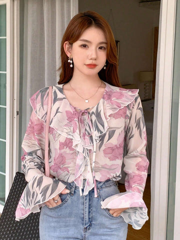 DAZY Floral Print Tie Neck Long Sleeve Women Shirt With Ruffle Collar