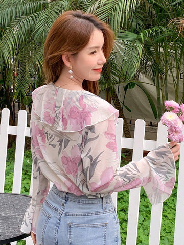 DAZY Floral Print Tie Neck Long Sleeve Women Shirt With Ruffle Collar