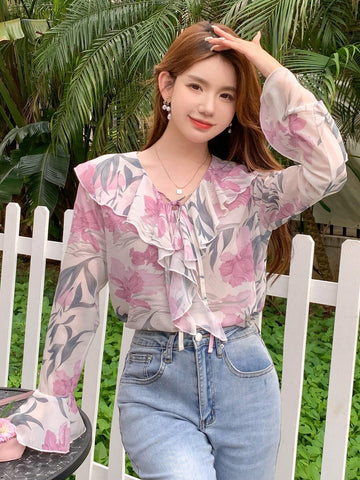 DAZY Floral Print Tie Neck Long Sleeve Women Shirt With Ruffle Collar