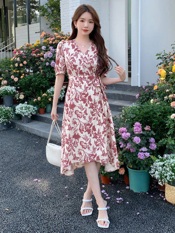 DAZY Floral Print V-Neck Belted Dress