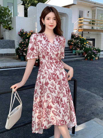 DAZY Floral Print V-Neck Belted Dress