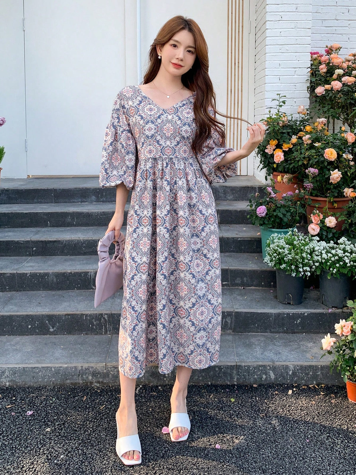 DAZY Floral Print V-Neck Lantern Sleeve Loose Fit Dress