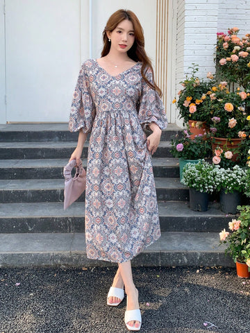 DAZY Floral Print V-Neck Lantern Sleeve Loose Fit Dress