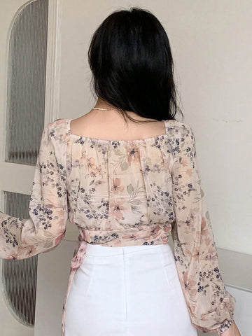 DAZY Floral Print Wrap V-Neck Long Sleeve Women Blouse