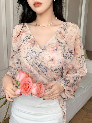 DAZY Floral Print Wrap V-Neck Long Sleeve Women Blouse