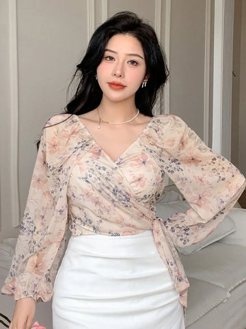 DAZY Floral Print Wrap V-Neck Long Sleeve Women Blouse