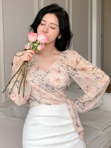 DAZY Floral Print Wrap V-Neck Long Sleeve Women Blouse