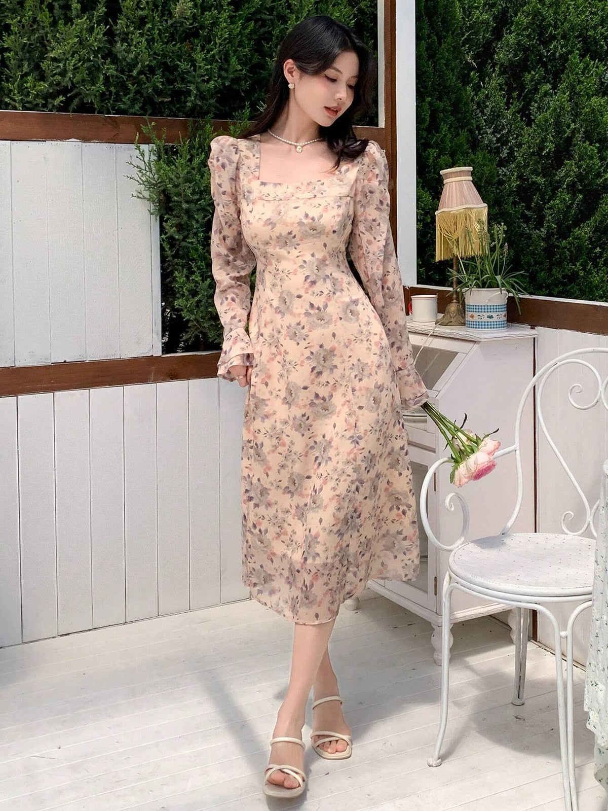 DAZY Floral Printed High-Neck Long-Sleeved Dress With Fitted Waist And Flared Hem