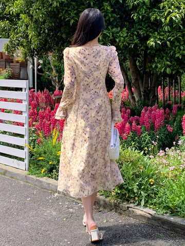 DAZY Floral Printed High-Neck Long-Sleeved Dress With Fitted Waist And Flared Hem
