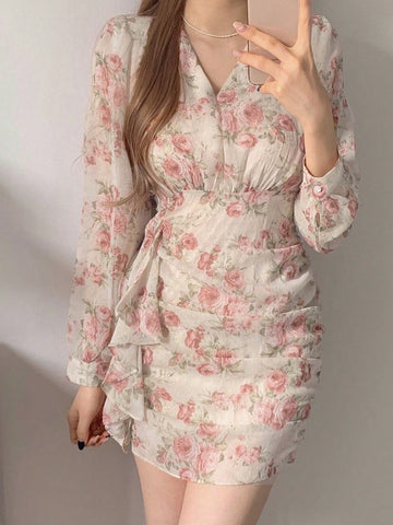 DAZY Floral Printed V-Neck Ruffle Trimmed Hemline Belted Dress