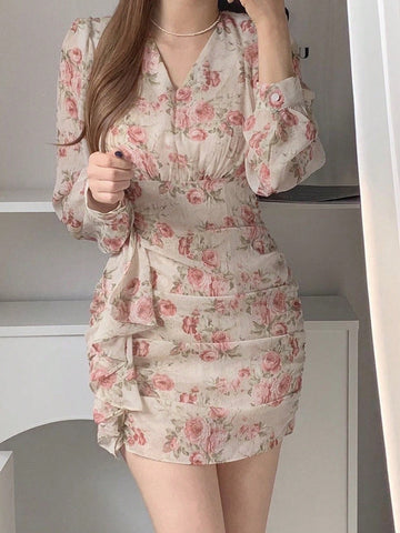 DAZY Floral Printed V-Neck Ruffle Trimmed Hemline Belted Dress