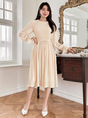 DAZY Flounce Sleeve Belted Pleated Hem Dress
