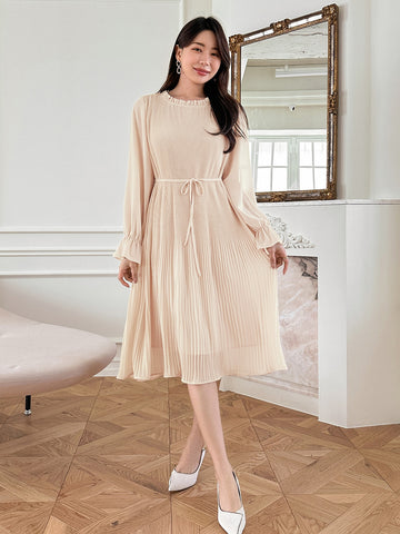DAZY Flounce Sleeve Belted Pleated Hem Dress
