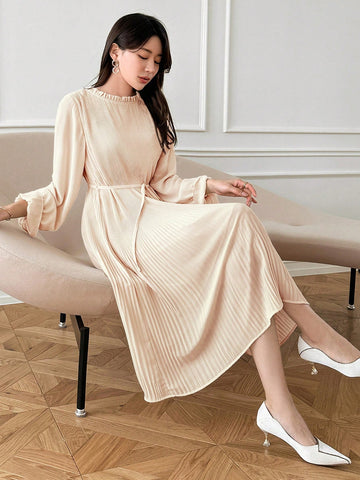 DAZY Flounce Sleeve Belted Pleated Hem Dress