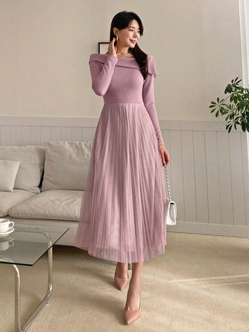 DAZY Foldover Neck Mesh Pleated Panel A-line Dress