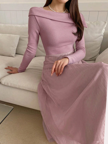 DAZY Foldover Neck Mesh Pleated Panel A-line Dress