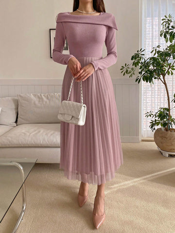 DAZY Foldover Neck Mesh Pleated Panel A-line Dress