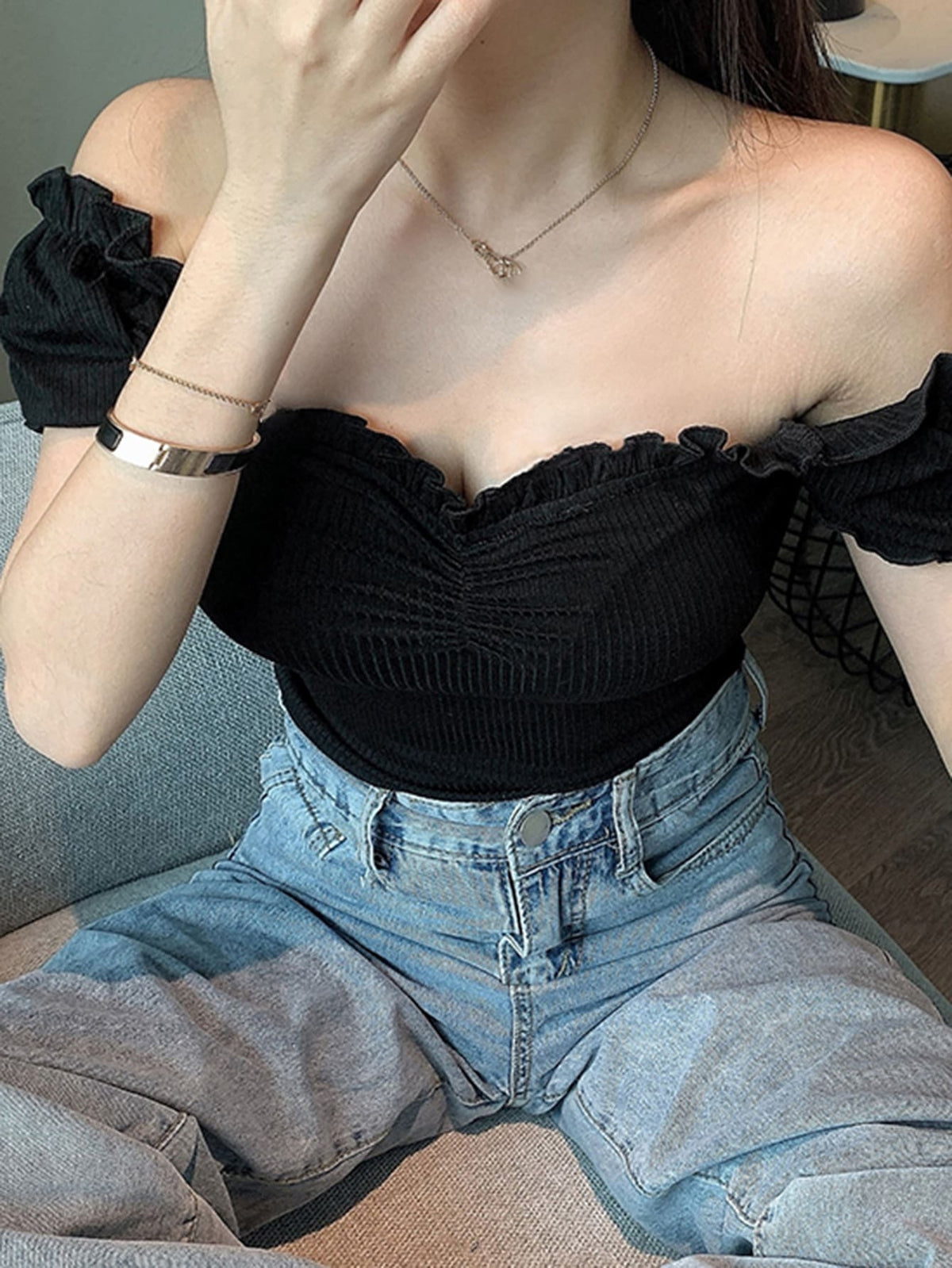 Frill Trim Bardot Crop Tee
