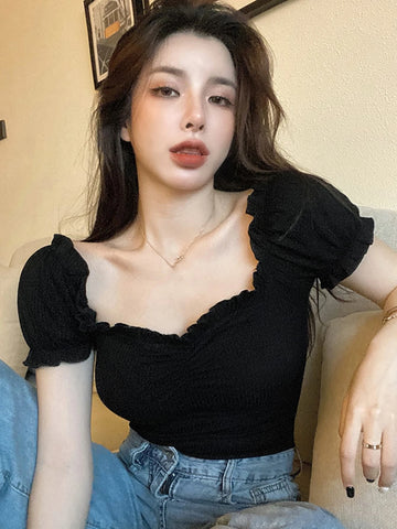 Frill Trim Bardot Crop Tee