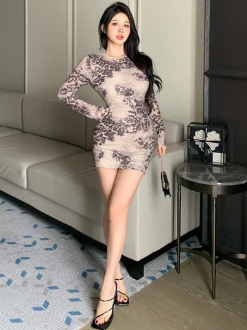 DAZY Full Print Leopard Skin Fitted Mini Dress For Women