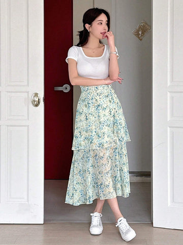 DAZY Full Print Multi-Layered Hem Skirt
