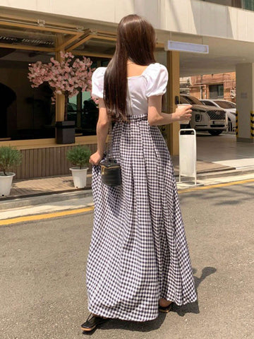DAZY Gingham Print Fold Pleated Detail Flare Skirt