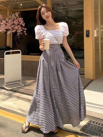 DAZY Gingham Print Fold Pleated Detail Flare Skirt