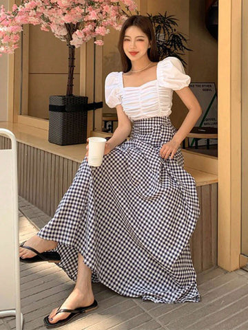 DAZY Gingham Print Fold Pleated Detail Flare Skirt