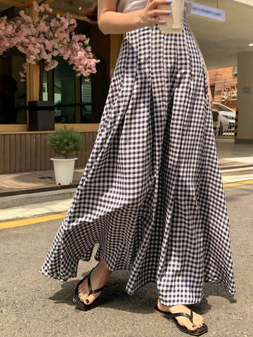 DAZY Gingham Print Fold Pleated Detail Flare Skirt