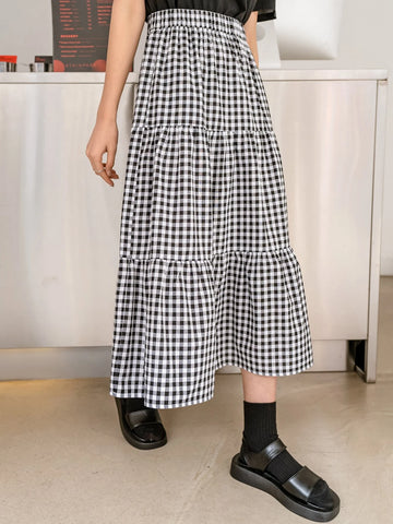 DAZY Gingham Print Ruffle Hem Skirt