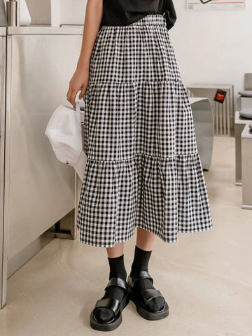 DAZY Gingham Print Ruffle Hem Skirt