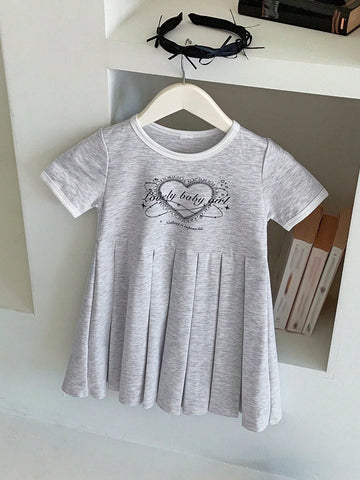 DAZY Girls' Graphic Print Crew Neck Short Sleeve Knitted Dress, Summer Young Girl Clothes