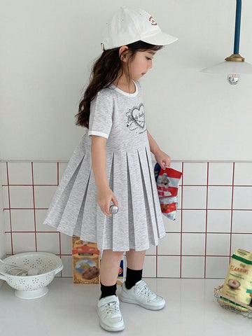 DAZY Girls' Graphic Print Crew Neck Short Sleeve Knitted Dress, Summer Young Girl Clothes