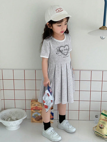 DAZY Girls' Graphic Print Crew Neck Short Sleeve Knitted Dress, Summer Young Girl Clothes