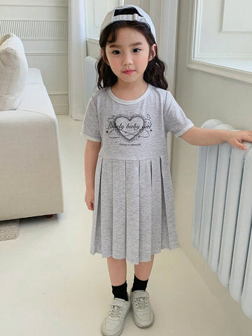 DAZY Girls' Graphic Print Crew Neck Short Sleeve Knitted Dress, Summer Young Girl Clothes