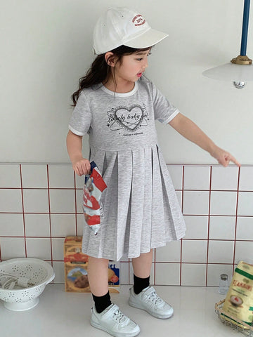 DAZY Girls' Graphic Print Crew Neck Short Sleeve Knitted Dress, Summer Young Girl Clothes