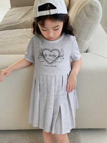 DAZY Girls' Graphic Print Crew Neck Short Sleeve Knitted Dress, Summer Young Girl Clothes