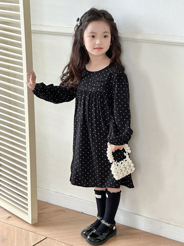 DAZY Girls Polka Dot Print Cute Lantern Sleeve Round Neck Dress